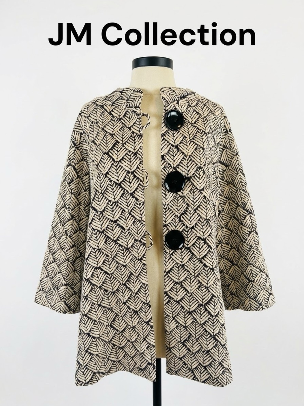 JM Collection Black and Cream Textured Pattern Cape Coat Size 1X 0257